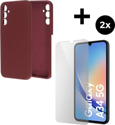 Mobiparts Silicone Cover hoesje geschikt voor Samsung Galaxy A34 (2023) 5G met 2 Screenprotectors van Gehard Glas - Paars/Red