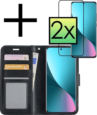 Hoesje - Met 2x Screenprotector - Geschikt voor Xiaomi 12 - Luxe Pasjeshouder - Bookcase Portemonee - Flip Case - Kunstleer Book Case - Flipcase Hoes - Book Cover - Walletcase - Portemonneehoes - Zwart