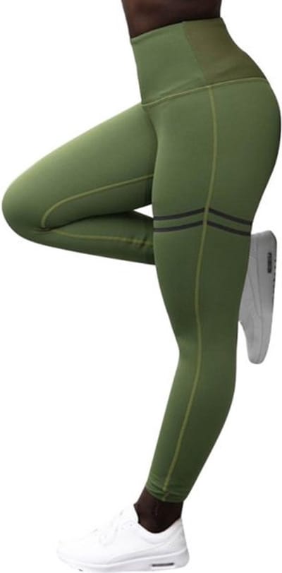 Legging - Sportlegging Dames - Squat Proof en Fitness Legging - Yoga Legging - High Waist Sport Legging - zwarte strepen- Shapewear Dames | Groen | Maat S
