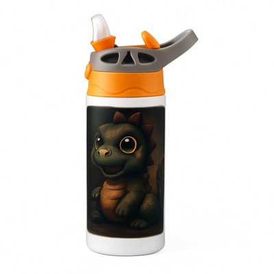 Duistere Dino Cartoon Drinkfles – Stevige Drinkfles voor Reptielen- en Cartoonliefhebbers - Waterfles voor kinderen (wit/oranje)