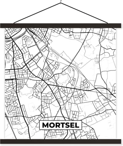 Posterhanger incl. Poster 60x60 cm - Schoolplaat - Stadskaart – Plattegrond – België – Zwart Wit – Mortsel – Kaart - Textielposter - Zwarte latten - Stadskaart
