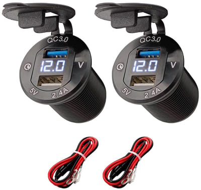 ProRide 12V USB Wandcontactdoos Inbouw - 2 USB Poorten - Voltmeter - 5V/2.4A - Blauw - Kabel en Zekering - 2 stuks
