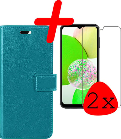 Hoesje Met 2x Screenprotector - Geschikt voor Samsung Galaxy A14 - Luxe Pasjeshouder - Bookcase Portemonee - Flip Case - Kunstleer Book Case - Flipcase Hoes - Book Cover - Walletcase - Portemonneehoes - Turquoise