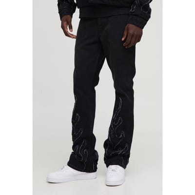 Flame Applique gestapelde slim fit uitlopende jeans | Washed Black | Size 28R