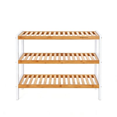 Schoenenrek opbergrek staande opberger met 3 open opbergniveaus stevige duurzame bamboeconstructie geschikt voor hal badkamer woonkamer slaapkamer en gang 70 x 26 x 55 cm wit+natuur
