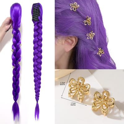 Paarse 26-inch Vlecht Clip-in Paardenstaart Haarverlenging Lange Paardenstaart Haarstukjes Cosplay voor Kinderen Meisje Halloween Kerstmis 1pc purple