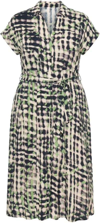 Ulla Popken - Dames - Maxi-jurk overhemdkraag strikceintuur borstzakken - Grijsbeige - Maat 42+