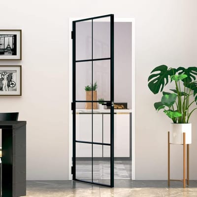 Zwarte Binnendeur - Stijlvolle Deur - Kamer Overgang - Gehard Glas - 76 x 201 cm - Zwart Transparant