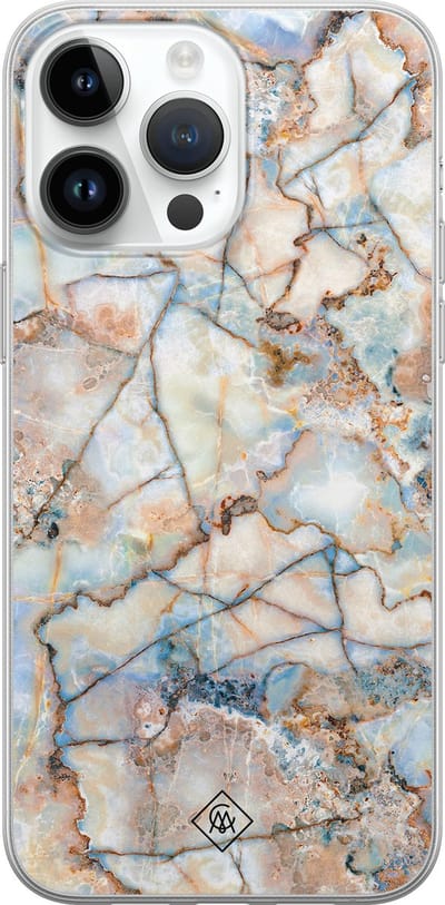 Casimoda® hoesje - Geschikt voor iPhone 14 Pro Max - Marmer Bruin Blauw - Siliconen/TPU telefoonhoesje - Backcover - Marmer - Bruin