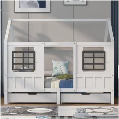 Lit de maison - MUVOE - 200 x 90 cm - 2 tiroirs - Fenêtres décoratives - Protection anti-chute blanc