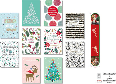 MGPcards - 50 Dubbele Kerstkaarten met envelop - Gratis kaartenhouder - "Trendy" - Voordelige Kerstkaarten - Plastic vrij - Formaat: 10 x 14 cm - FSC