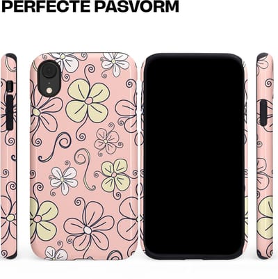 Casetastic hoesje geschikt voor Apple iPhone XR - Dubbellaagse bescherming - Pastel Perzik Doodle Peach Bloemen - Fashion Case - Zand Zilver Lichtroze