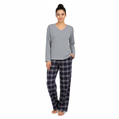 La-V pyjamaset voor dames met geruite flanel broek en V hals met knoopjes - Grijs S