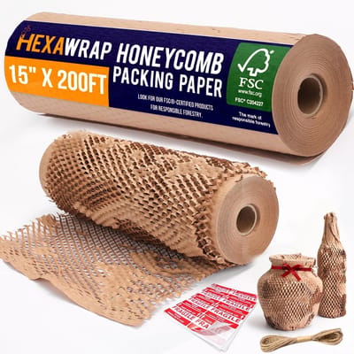 Honeycomb Inpakpapier 15" x 200ft met 20 Breekbare Stickers - Verzend- en Verhuisbenodigdheden - Duurzaam Inpakken voor Kleine Bedrijven