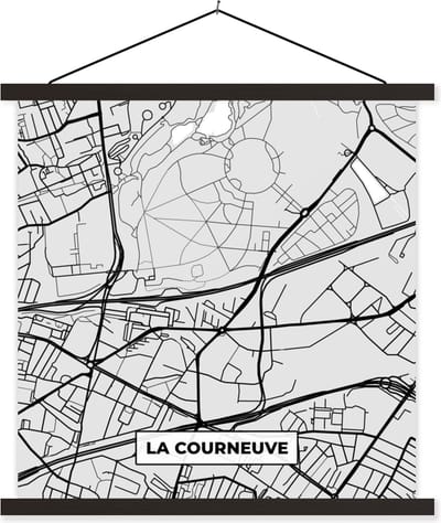 Posterhanger incl. Poster 60x60 cm - Schoolplaat - Stadskaart – Frankrijk – Kaart – La Courneuve – Plattegrond - Textielposter - Zwarte latten - Stadskaart