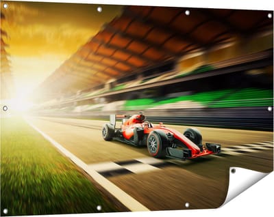 Gards Tuinposter Formule 1 Auto bij de Finish in het Rood - 120x80 cm - Tuindoek - Tuindecoratie - Wanddecoratie buiten - Tuinschilderij
