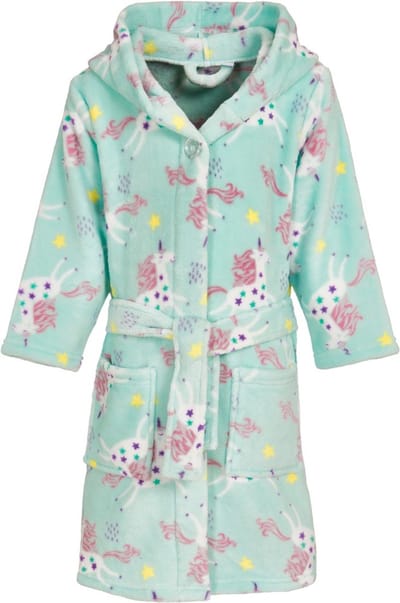 Playshoes - Badjas fleece- Kinderbadjas met capuchon - Eenhoorn - Mint - Maat 146/152