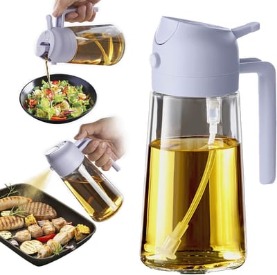 Famanu - Oliedispenser, oliefles, 2-in-1 dispenser en spray, voor olijfolie en azijn, 470 ml, BPA-vrij, voor de keuken, barbecue, salades (1 stuk, Lila)