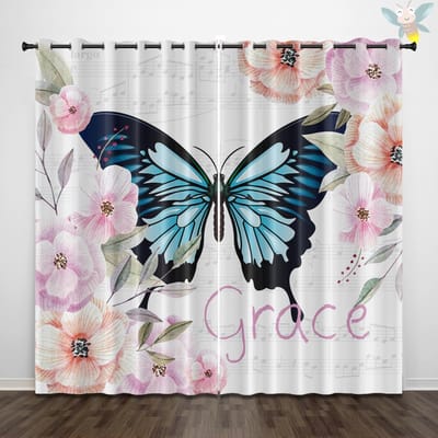 2 stuks gordijnen met vlinderbloempatroonprint voor decoratie van natuurlijk landschap, slaapkamer, woonkamer 140x160cm&Grommet Top black