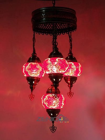 Turkse Lamp - Hanglamp Mozaïek - Kroonluchter Rood - 4 Bollen - Handgemaakt en Authentiek