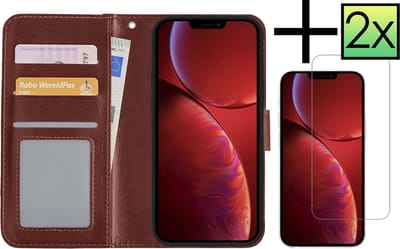 Hoesje - Met 2x Screenprotector - Geschikt voor Apple iPhone 14 - Luxe Pasjeshouder - Bookcase Portemonee - Flip Case - Kunstleer Book Case - Flipcase Hoes - Book Cover - Walletcase - Portemonneehoes - Bruin