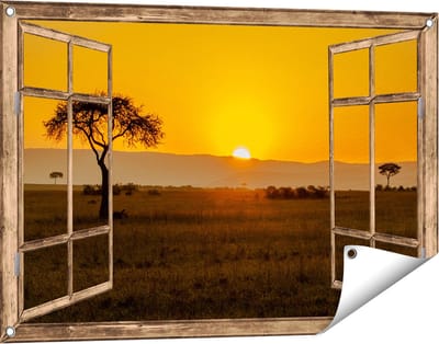 Gards Tuinposter Doorkijk Zonsopgang in de Savanne met een Boom - 90x60 cm - Tuindoek - Tuindecoratie - Wanddecoratie buiten - Tuinschilderij