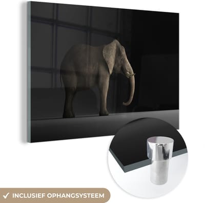 MuchoWow® Glasschilderij 150x100 cm - Schilderij acrylglas - Olifant - Dieren - Licht - Foto op glas - Schilderijen