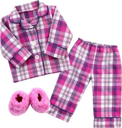 Sophia's Poppenkledingset voor Modepop - Pyjama en Pantoffels - Poppen Accessoires - Roze/Flanel