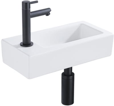QeramiQ Fuente Fonteinset - 37.5x18.5x9cm - keramiek - kraangat links - fonteinkraan zwart mat - afvoerplug - verlaagd sifon - Mat wit