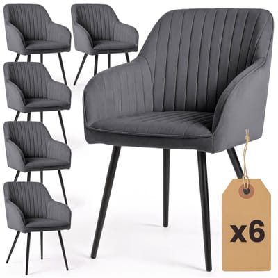 Set van 6 Eetkamerstoelen FLORENCE met Armleuningen / Gestoffeerde Stoelen / Fluwelen Stoelen en Metalen Poten / Antraciet met zwarte benen