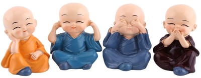 Dailygoods- Monnik Beeldjes 4 Stuks - Schattige Boeddha Figuren - Decoratie Thuis/Auto - Geluk/Rijkdom Ornamenten - 5 x 4,2 cm - Kunsthars
