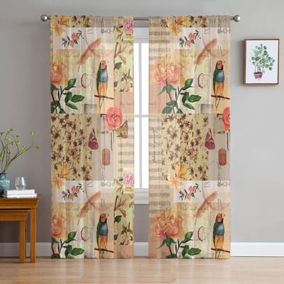 Retro bladmuziek bloem vogel transparante gordijnen voor woonkamer slaapkamer kinderkamer tule raamdecoratie gordijnen 135W x 114H(cm) beige