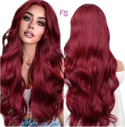 Frazimashop- Pruik- Hittebestendige - Pruiken Dames -Lang golf Haar - #Front Lace Wig 13x4# pruik 65 cm- kleur rood bordeaux-Was