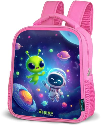 NoBoringSuitcases.com® - Rugzak roze - Schooltas meisjes - Vrolijke Ontmoeting in de Ruimte - Kinder rugtas meisje - Boekentas kind - Kinderrugzak voor school - Schoolrugzak