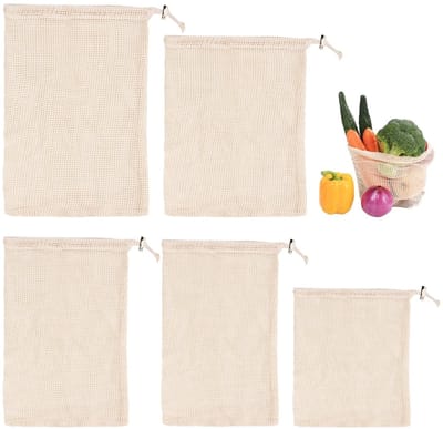 Dailygoods- Kooknetzakken 5 stuks - Katoenen Netfilterzakken - Keukenhangnetzakken - Ruimtebesparend - Luchtdoorlatend - Diverse Maten 20x25/20x30/25x30/30x35/30x40 cm - Netzakken