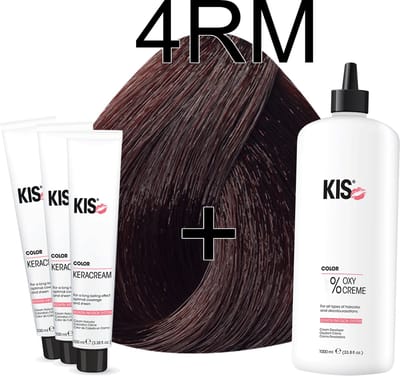Kis KeraCream Color - 100ml - Haarverf Set - 4RM Donker rood mahonie | KIS - (3 x haarverf & 1L waterstofperoxide)