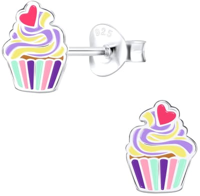 Joy|S - Zilveren cupcake oorbellen - multicolor met roze hartje - 6 x 8 mm