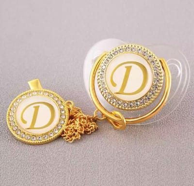 Letter fopspeen met clip - Letter D - 0 - 6 Maanden - Silica gel - Goud / Transparant - Luxe fopspenen met diamanten - Gepersonaliseerd fopspeen