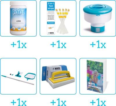 Zwembad Onderhoudspakket - Onderhoud Zwembad - bevat Chloor - Testrips - Chloordrijver - Schoonmaakset - Scrubborstel en Zwembadgids (6-delig)