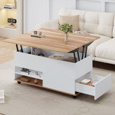 DESMIU Couchtafel Met Hydraulisch Hefmechanisme En Wielen Voor Woonkamer En Eetruimte Met Ruime Opbergruimte In Wit En Houtkleur 100 x 98 x 65 Cm
