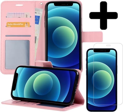 Hoesje - Met Screenprotector - Geschikt voor Apple iPhone 12 - Luxe Pasjeshouder - Flipcase - Bookcase Portemonee - Flip Case - Kunstleer Book Case - Book Cover - Walletcase - Portemonneehoes - Telefoonhoes - Lichtroze