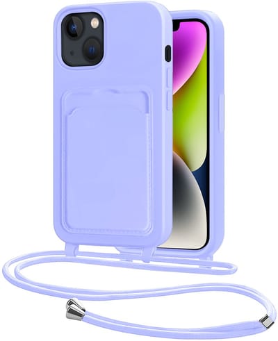 Hoes Geschikt voor iPhone 13 Hoesje Pasjeshouder Cover Met Koord Case Siliconen Hoes Met Telefoonkoord en Kaarthouder - Lila