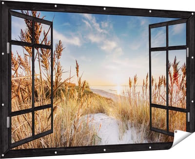 Gards Tuinposter Doorkijk Strand en Zee vanuit Duinen met Zonsondergang - 180x120 cm - Tuindoek - Tuindecoratie - Wanddecoratie buiten - Tuinschilderij