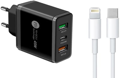 45W USB Oplader met PD25W + 2X QC3.0 Snellaadpoorten Adapter Lader - Snellader - Incl. 1M USB-C naar 8-Pin Kabel - geschikt voor iPhone en iPad - zwart