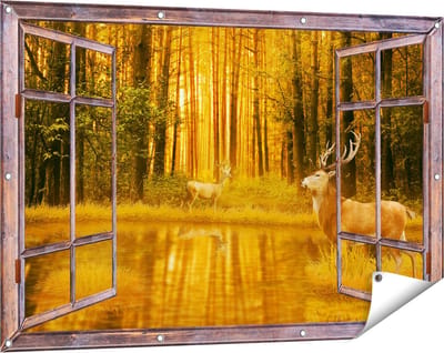 Gards Tuinposter Doorkijk Twee Herten in het Bos bij het Water - 120x80 cm - Tuindoek - Tuindecoratie - Wanddecoratie buiten - Tuinschilderij