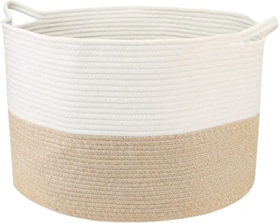 Ronde Wasmand van Katoen met Handvatten, 55 x 35 cm, Wit-Bruin - Ideaal voor Opberging en Organisatie van Kleding en Huishoudelijke Items