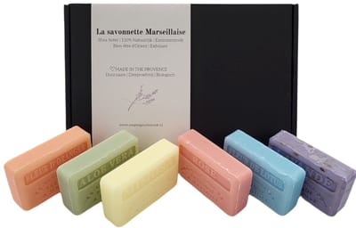 Soap bar set savon de marseille Rose, Sinaasappelbloesem, Fleur de lotus, Lavendel scrub, Mimosa, Aloë vera 6x125gr. - cadeau voor vrouw