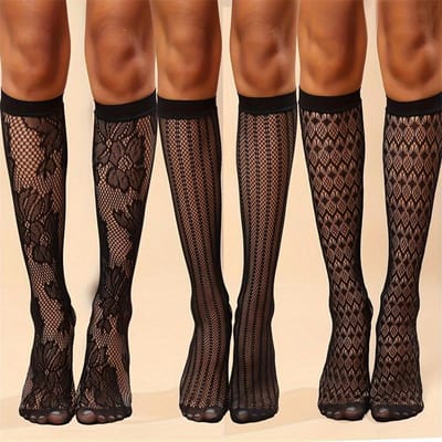 3 Paires Bas résille Sexy Creux Chaussettes Femme Hautes Transparents Genou Gothique Lolita Japonais Mi-haut Chaussettes Femme One Size black