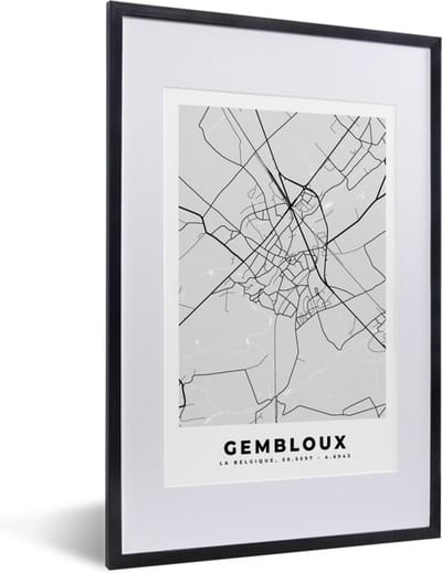 Fotolijst incl. Poster Zwart Wit- Zwart Wit – België – Plattegrond – Stadskaart – Kaart – Gembloux - 40x60 cm - Posterlijst