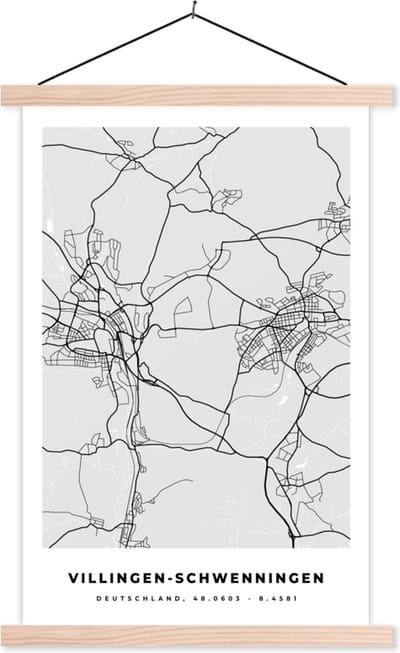 Posterhanger incl. Poster 40x60 cm - Schoolplaat - Duitsland - Stadskaart - Plattegrond - Kaart - Villingen-Schwenningen - Textielposter - Blanke latten - Stadskaart